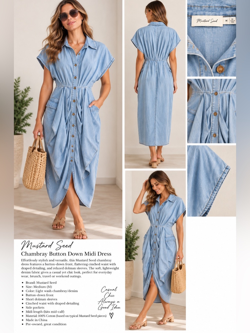 Mustard Seed Women’s Medium Light Wash Chambray Draped Button Front Midi Dress